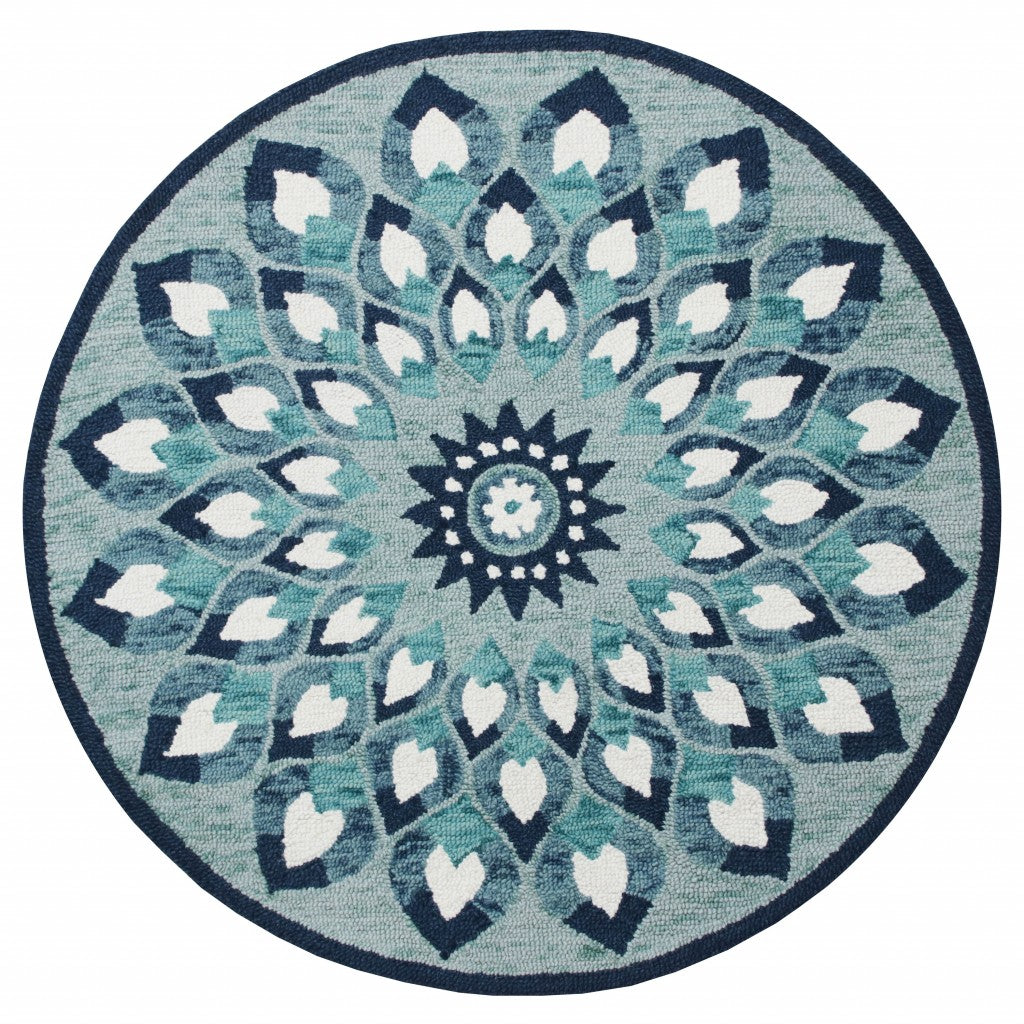 6鈥 Round Blue and White Floral Feathers Area Rug 6鈥 Round Blue and White