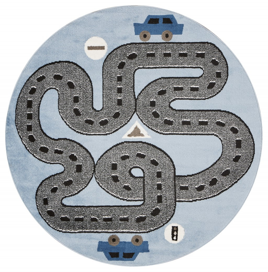 5鈥 Round Blue Imaginative Racetrack Area Rug 5鈥 Round Blue Imaginative