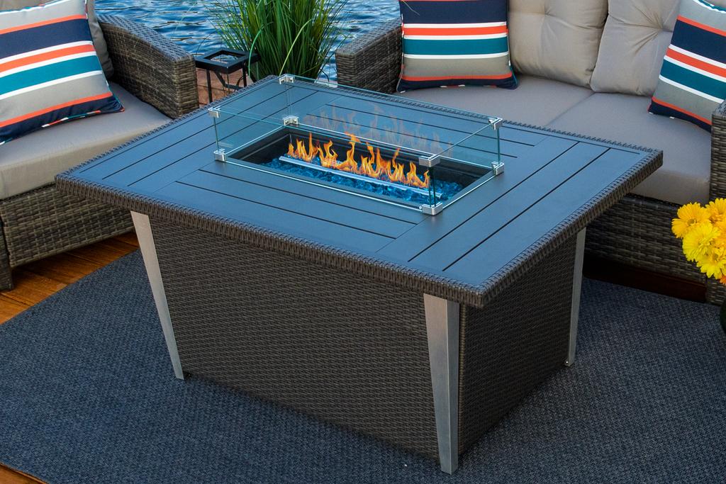 grey rectangle fire pit table