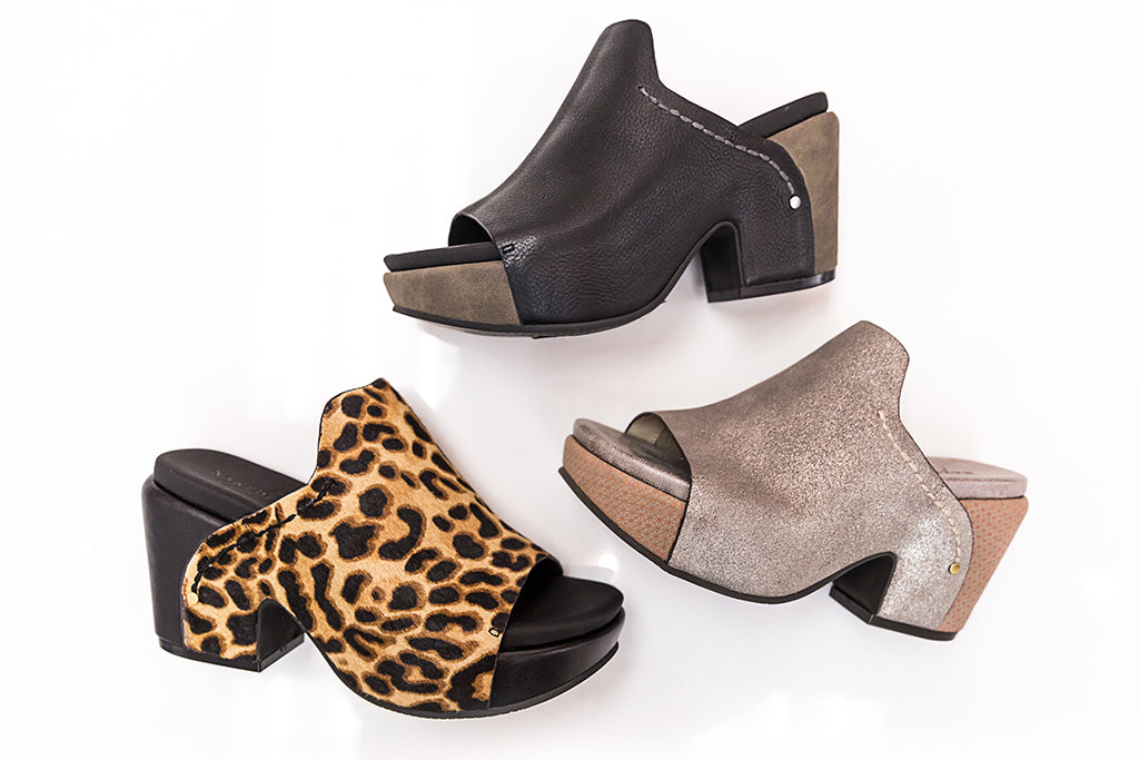 Naked Feet's Corinth women's platform heeled sandal is available in three beautiful colors, including black, silver, and leopard print.