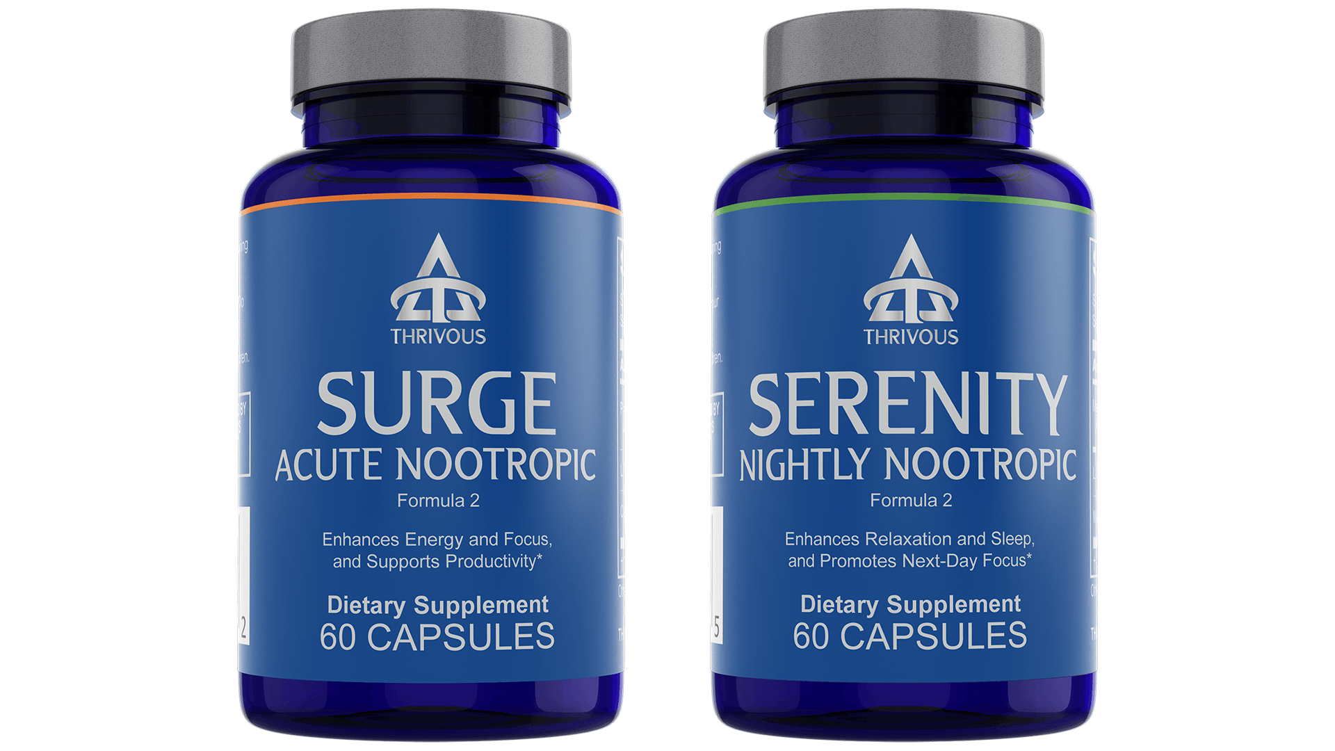 Thrivous Surge Acute Nootropic and Serenity Nightly Nootropic Bottles