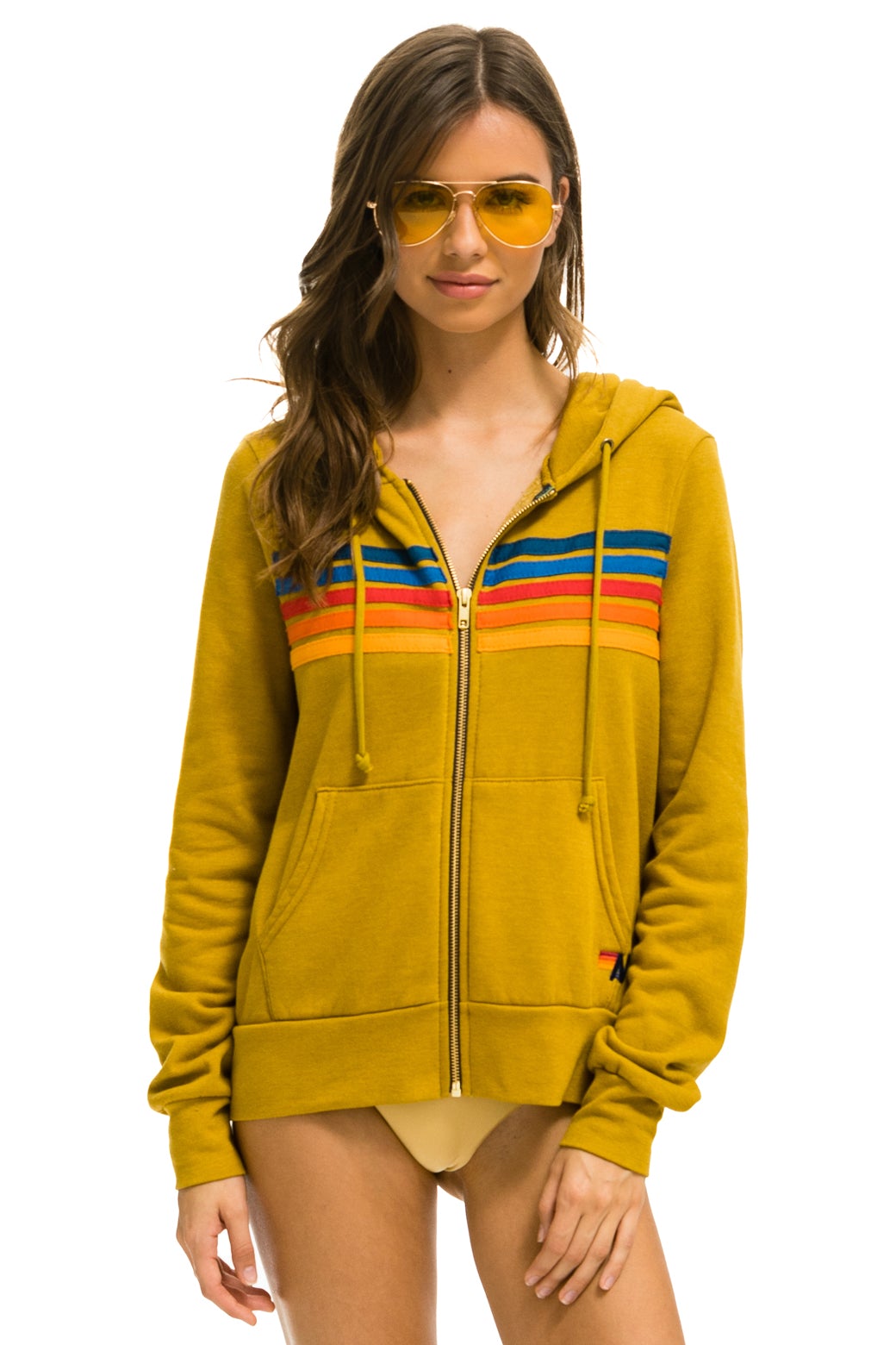 NWT Aviator Nation 5 Stripe Hoodie Honey Neon Rainbow Mustard Yellow  Classic M