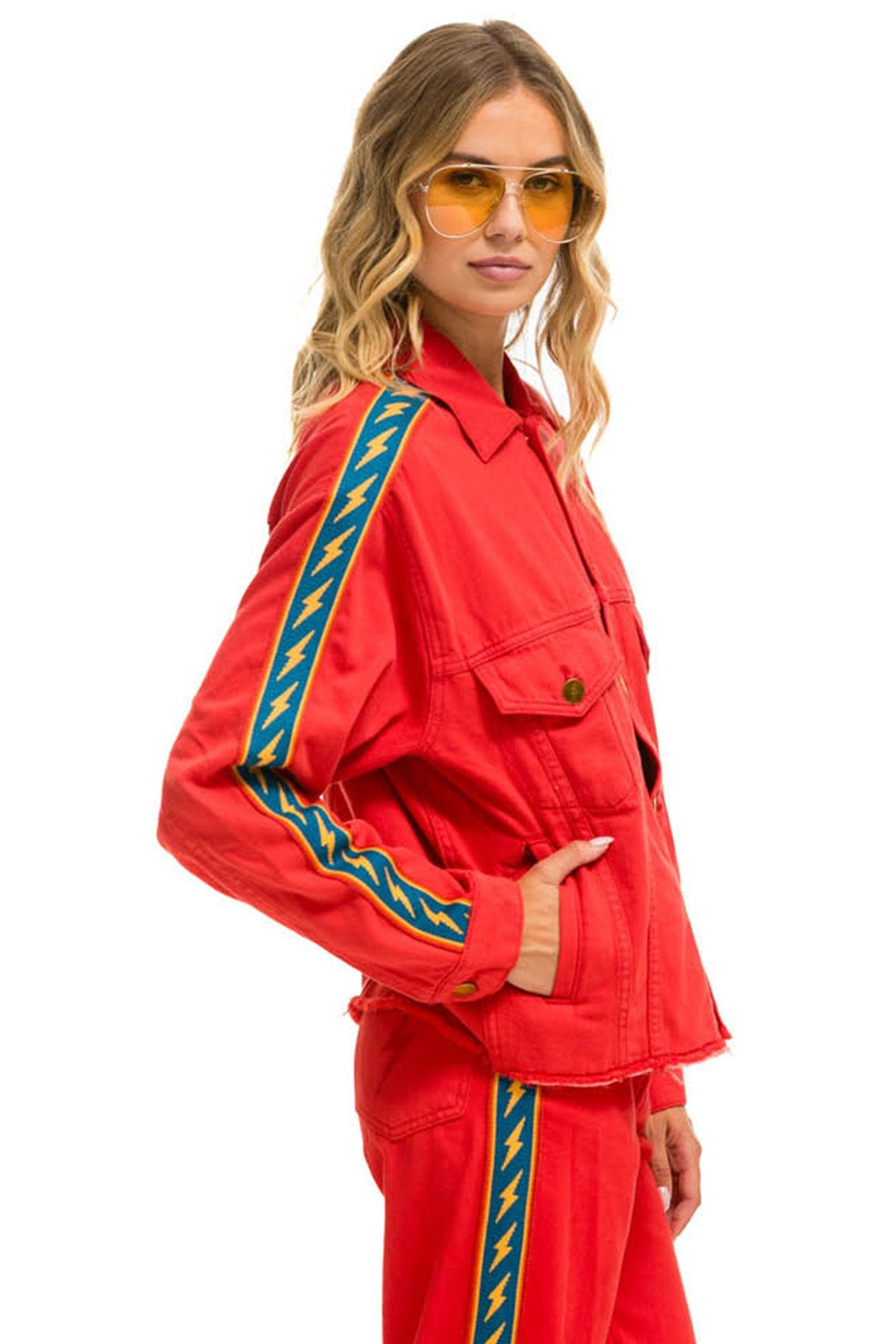 BOLT STRIPE OVERSIZED CUTOFF DENIM JACKET - RED - Aviator Nation