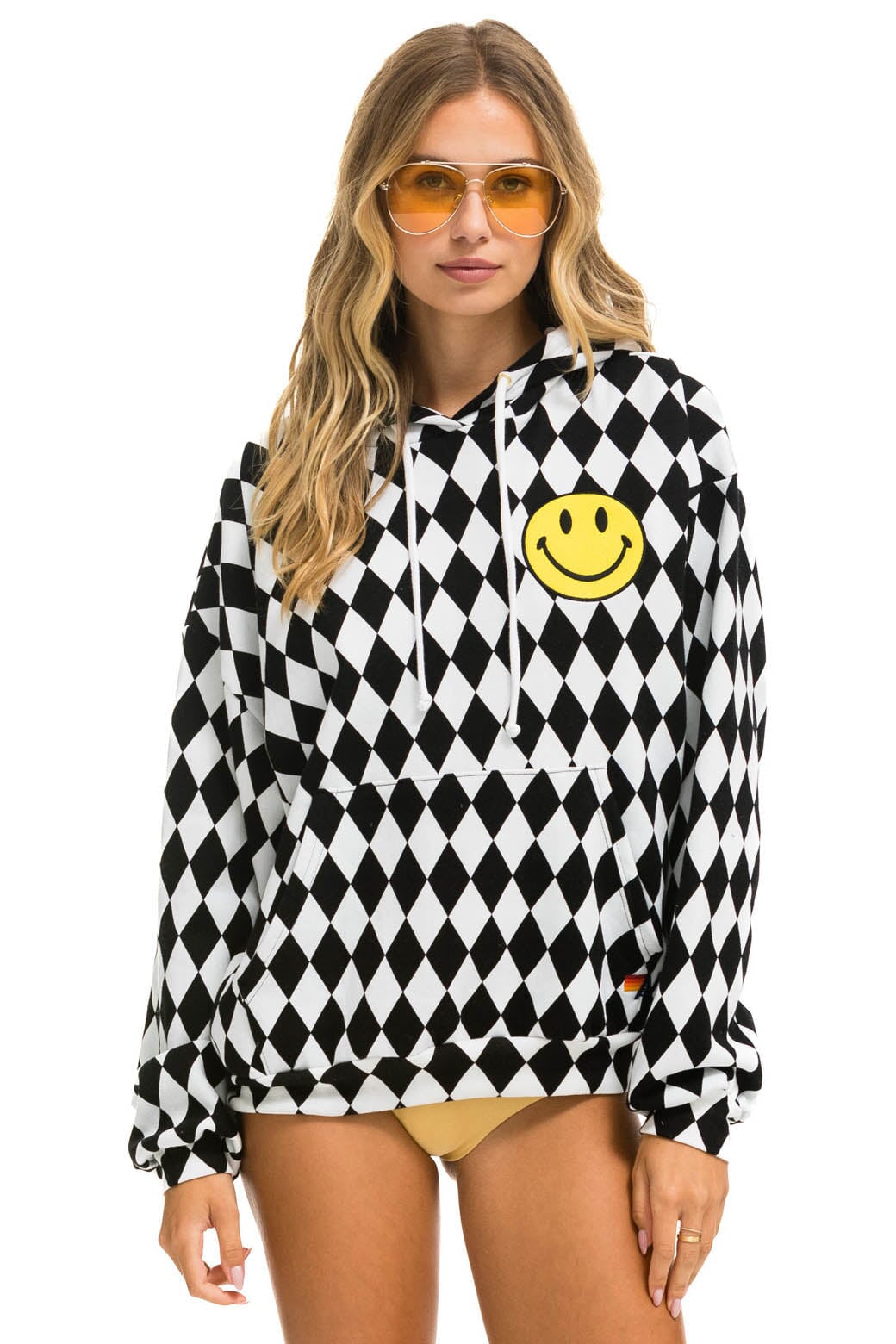 Image of DIAMOND SMILEY 2 EMBRIODERY RELAXED PULLOVER HOODIE - WHITE // BLACK