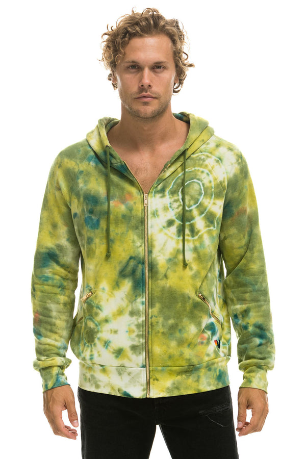 RELAXED HAND DYED ZIP HOODIE - TIE DYE GREEN YELLOW - Aviator Nation