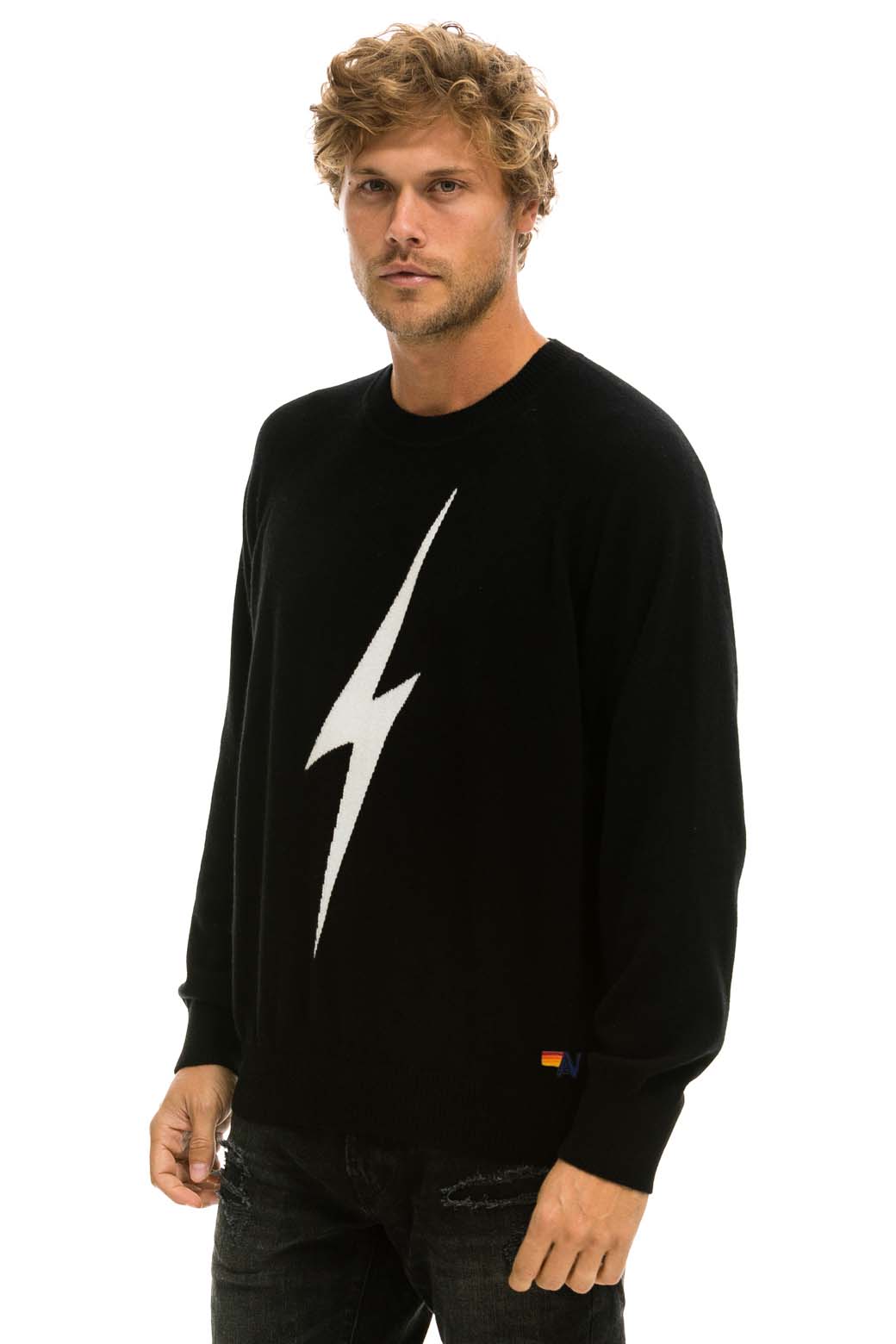 UNISEX BOLT CASHMERE LIGHT SWEATER - BLACK // WHITE BOLT - Aviator Nation