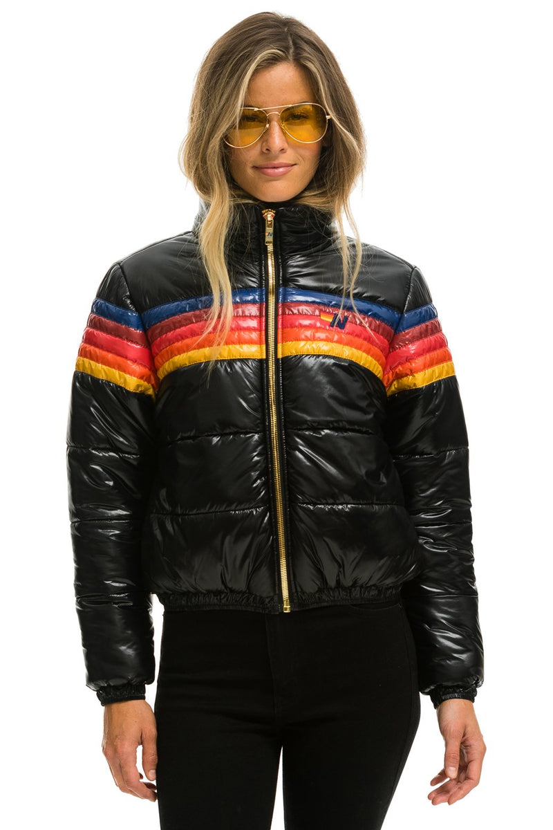 5 STRIPE LUXE APRES PUFFER JACKET - GLOSSY BLACK - Aviator Nation