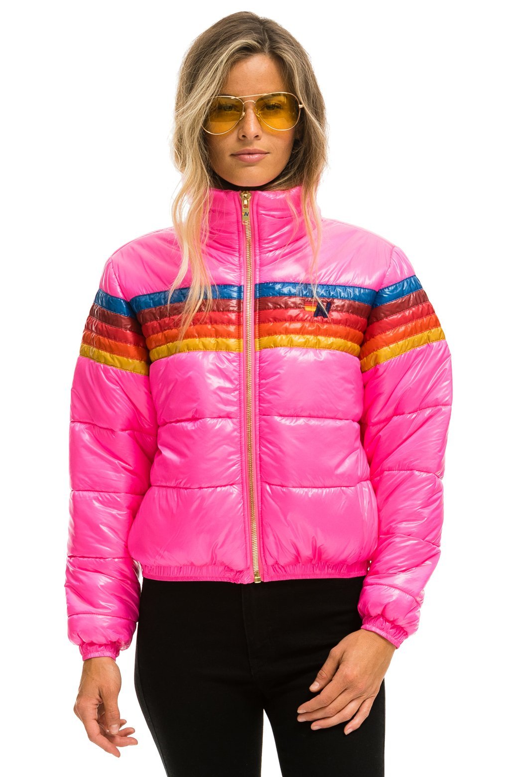 5 STRIPE LUXE APRES PUFFER JACKET - GLOSSY NEON PINK - Aviator Nation