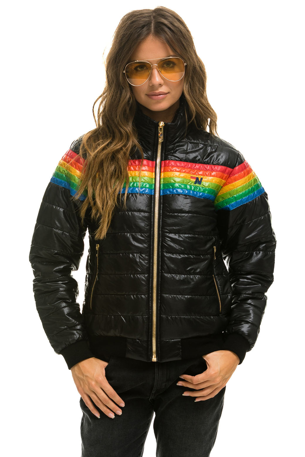 Image of 6 STRIPE RAINBOW SLEEVE JACKET -  GLOSSY BLACK