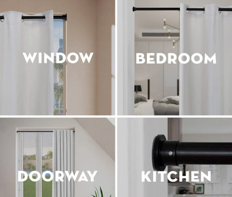 an image of tension rods displayed in four different room styles-window, bedroom, doorway, kitchen