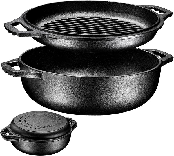 Bruntmor 3-in-1 Pre-Seasoned Cast Iron Round Deep Roasting Pan with Reversible Grill Griddle Lid, Non-Stick Open Fire Camping Kitchen Coo