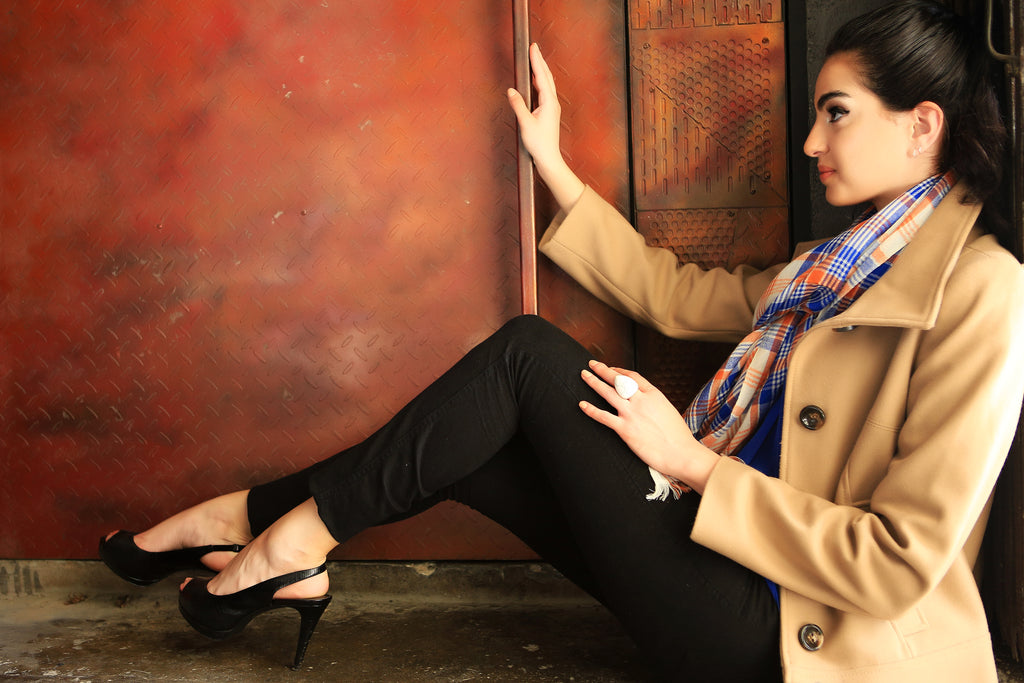 Ayesha 100% Handcrafted Cashmere Scarf For Women. Wardrobe Essentials. Modern Style. Contemporary Design. Blue, White, Orange
