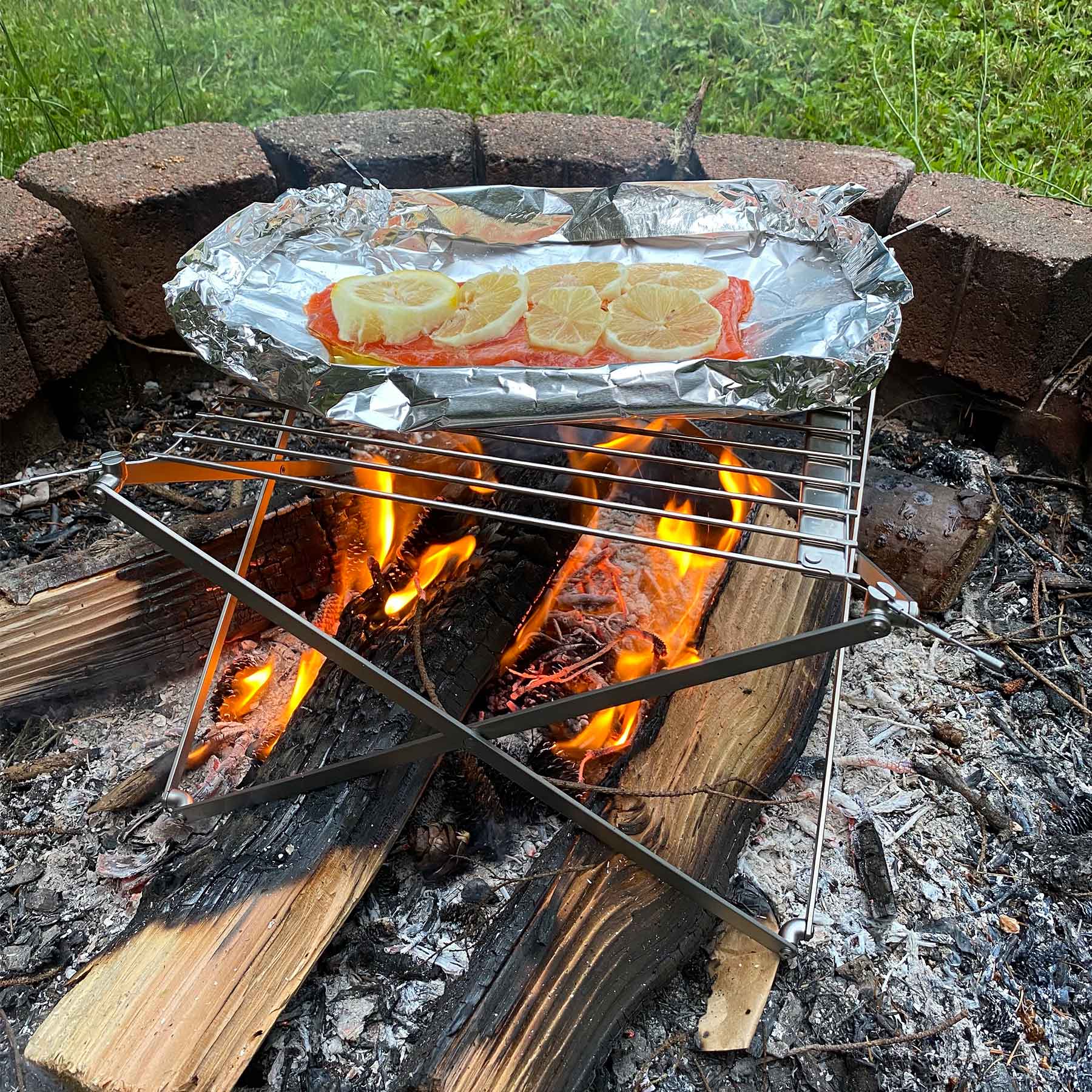 Grilling fish on portable campfire grill