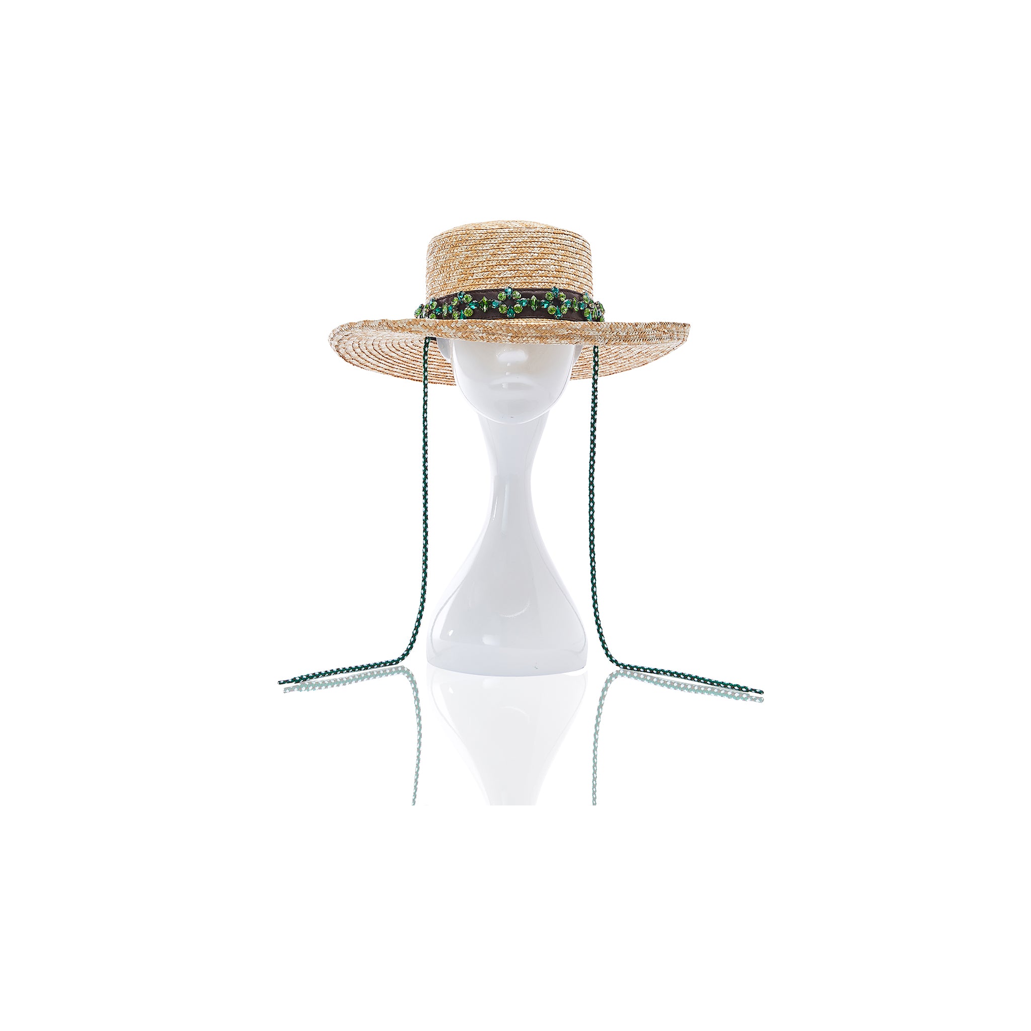 Regina Emerald Green Diamond Patchwork Leather Flat Top Straw Hat