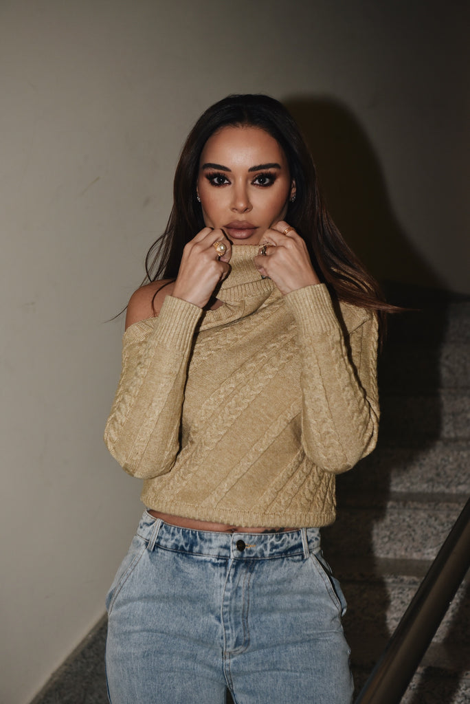 cut out shoulder turtleneck sweater