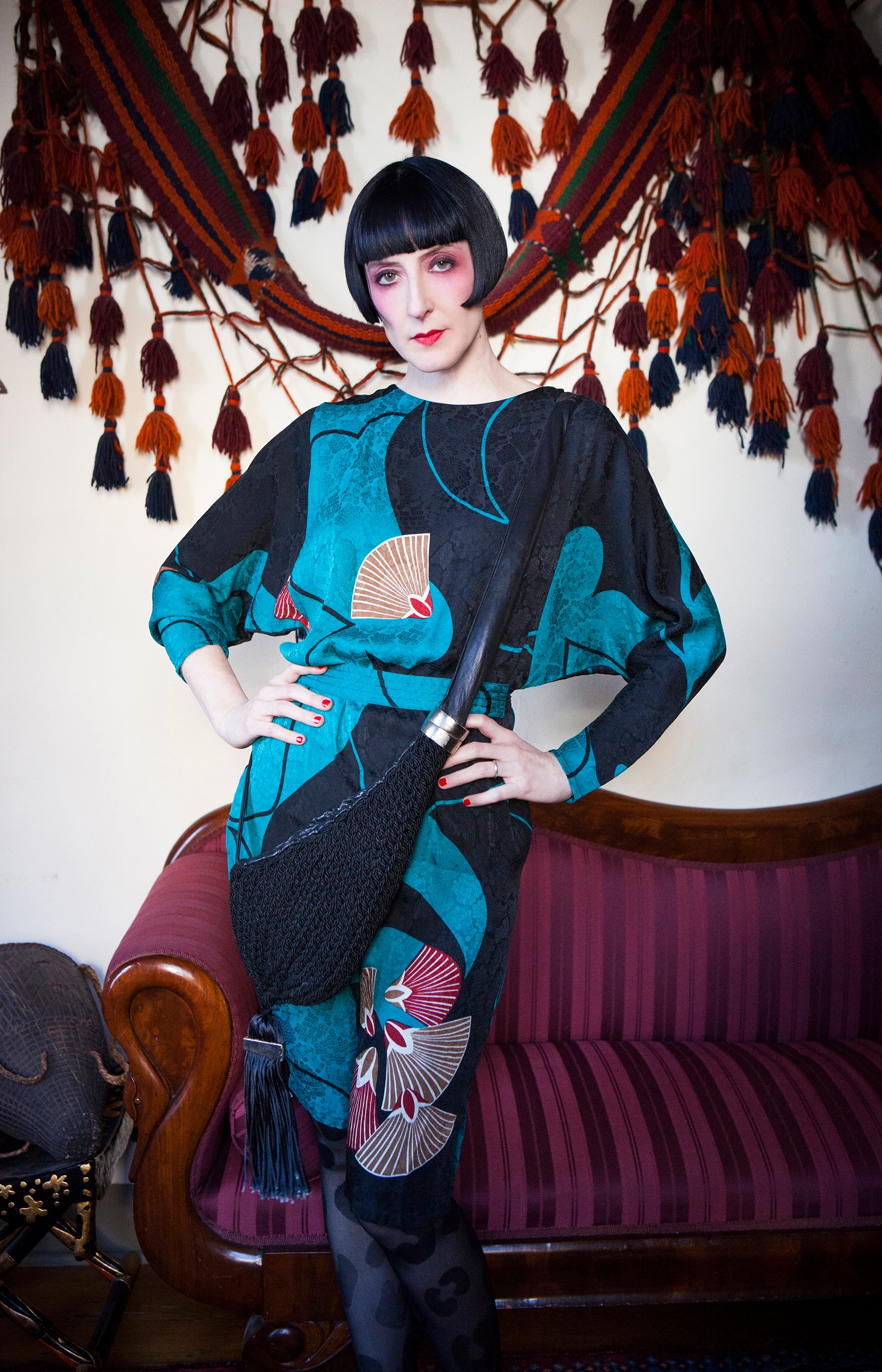 1980s Nora Noh Silk Fan Dress