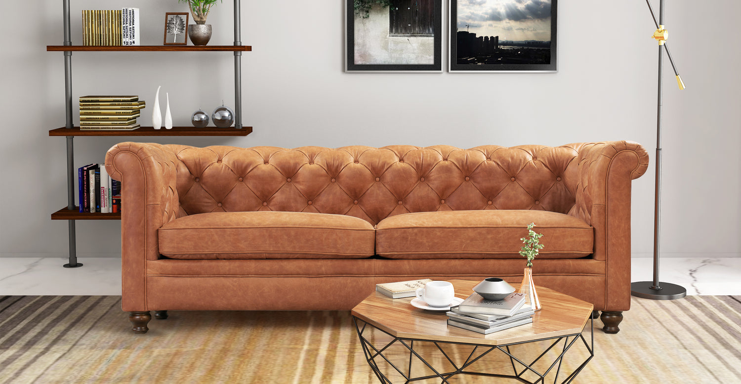 Cognac Tan Lyon Chesterfield Leather Espresso Finish 3 Seater Sofa | Poly &  Bark