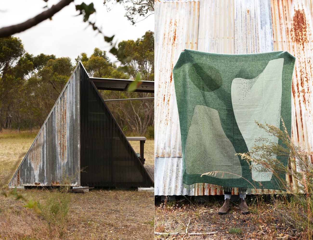 A frame corrugated iron shack beside a person holding up a Pyramid blanket