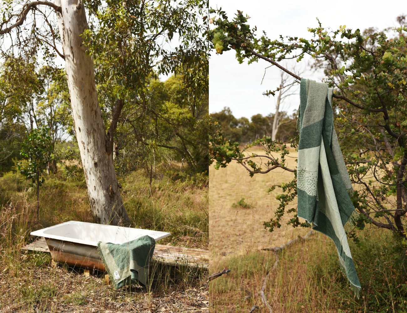 An outdoor bathtub with a Pyramid blanket draped over the side