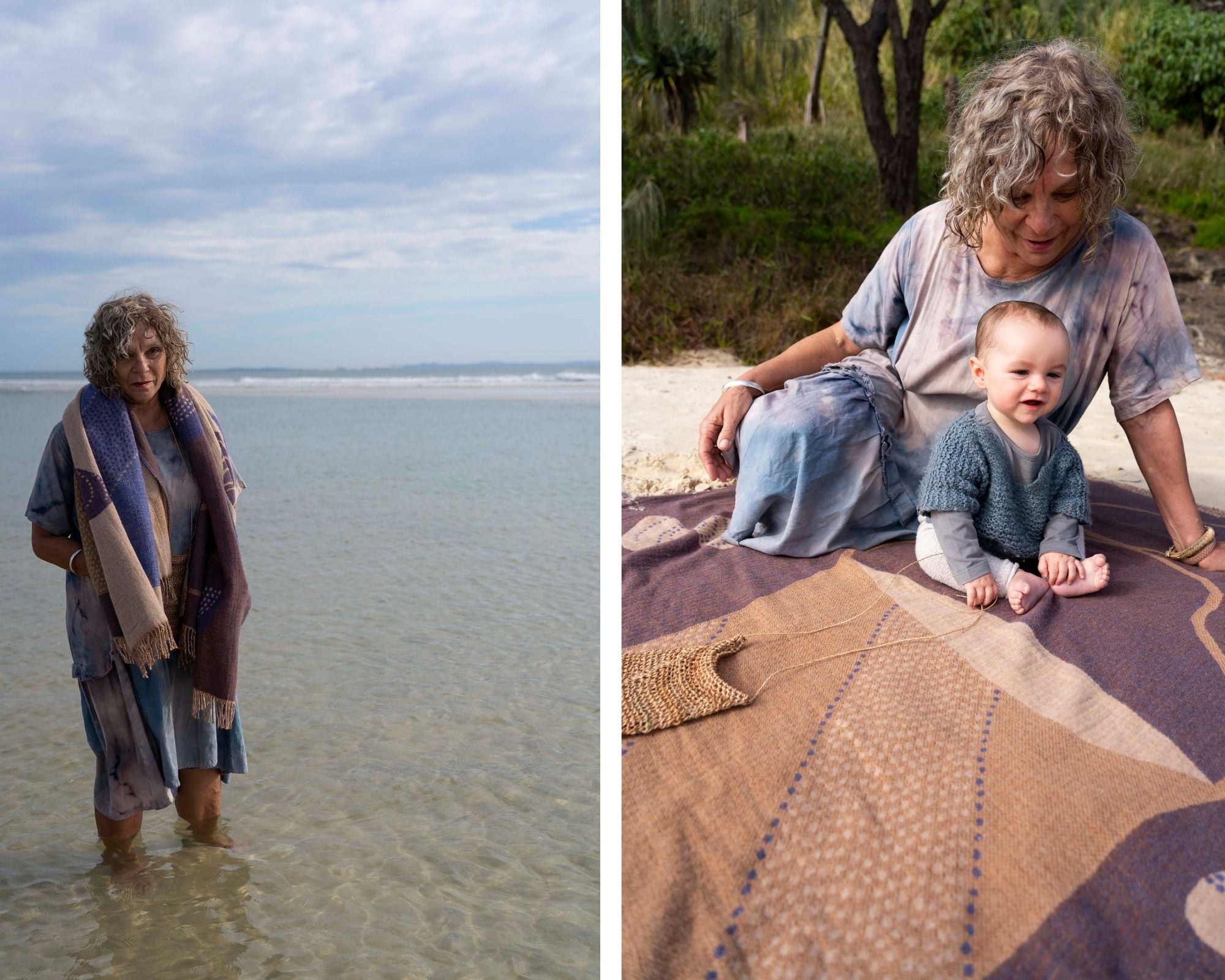 Aunty Sonja with her grandbaby Ira and in the Quandamooka waters