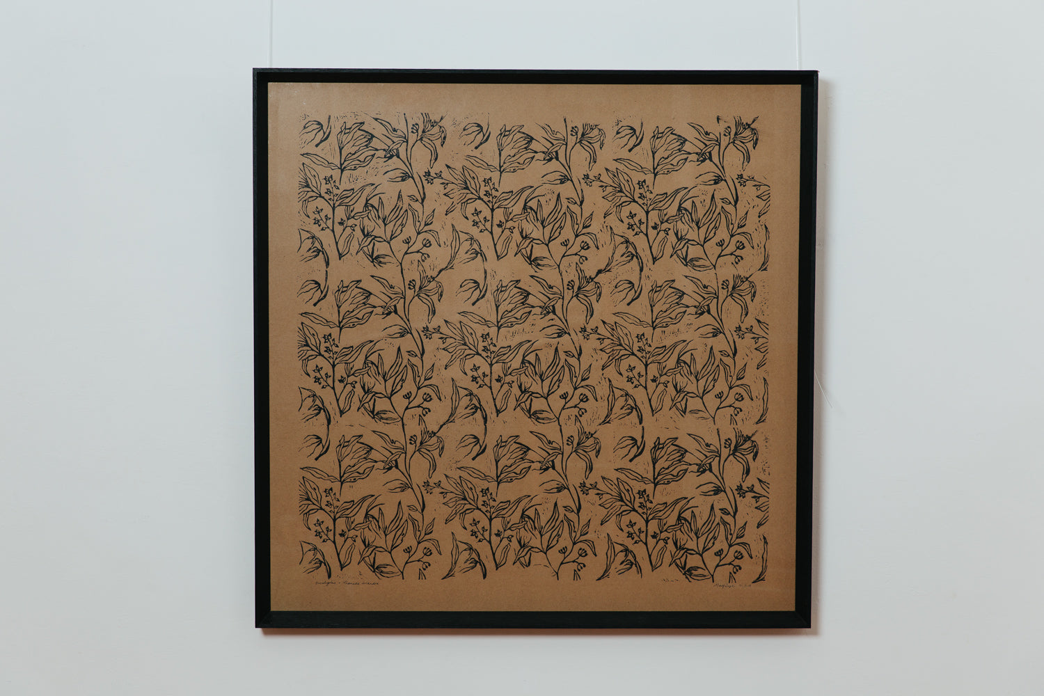 Eucalypts and Kangaroo Grass 2019. Hand pressed lino print on brown card. 115 x 115cm.