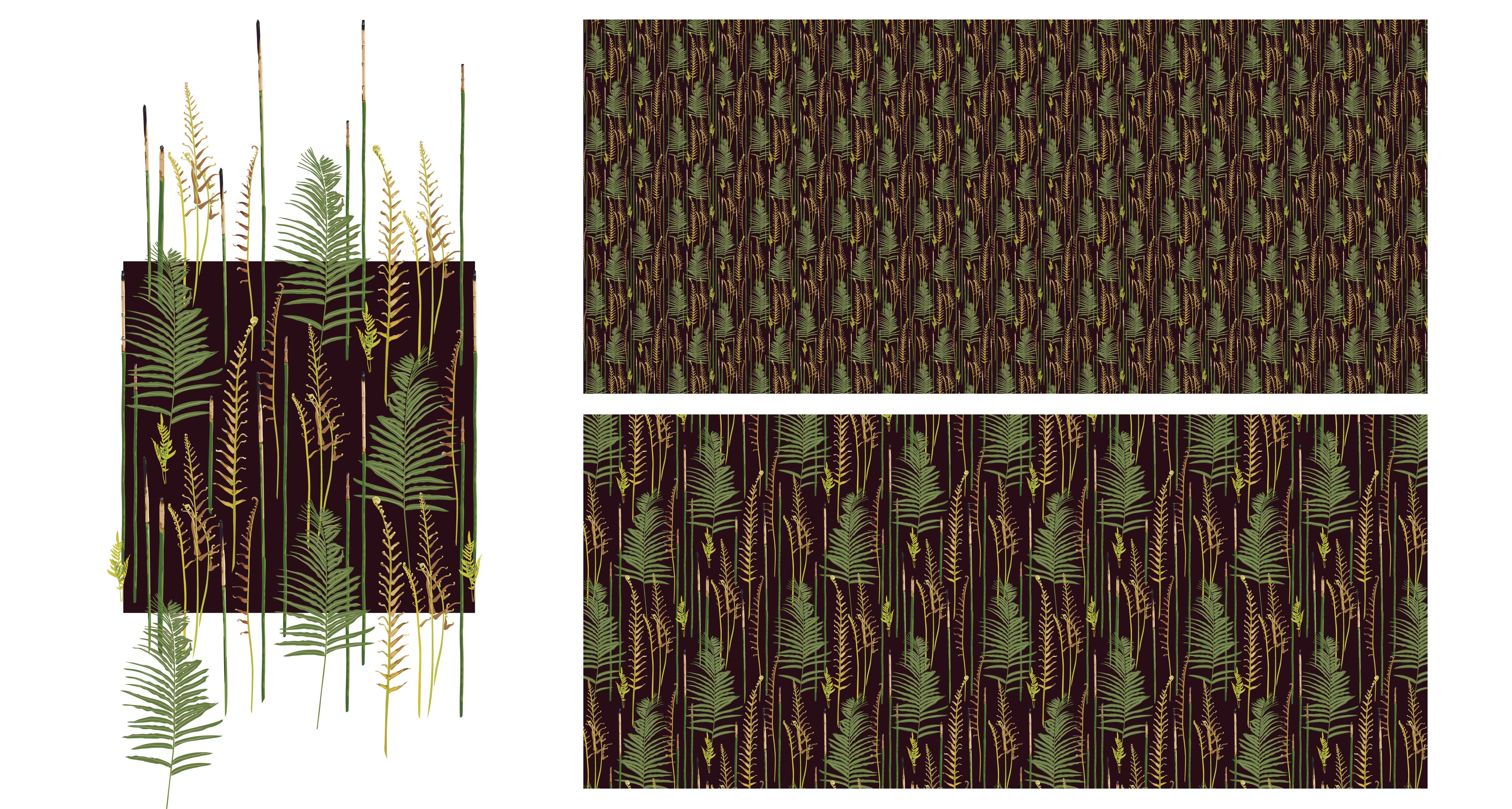 Ferns Regenerating 2021. Hand drawn digital surface pattern