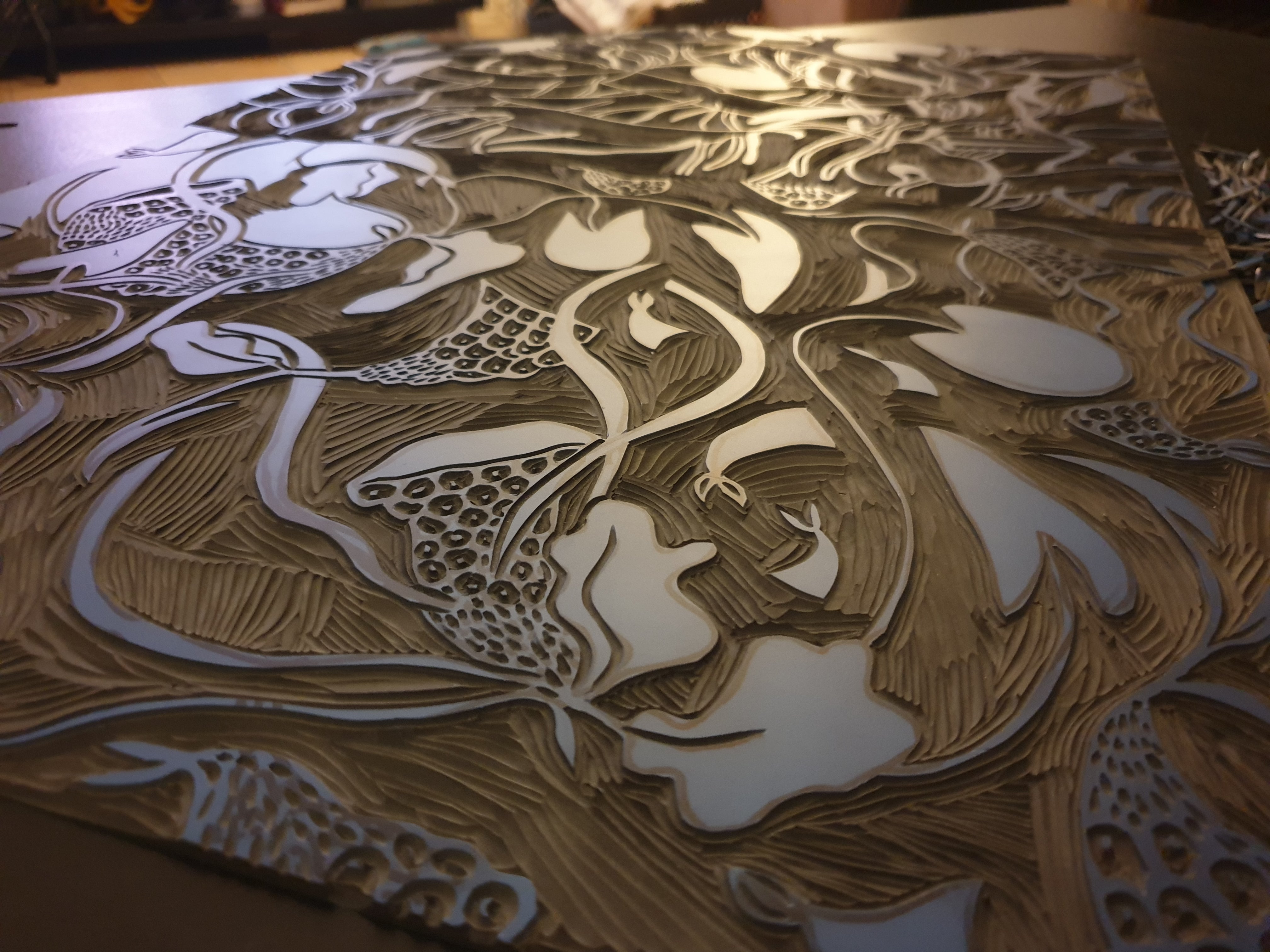 Growing Waterlilies, hand carved lino print tile, 2020