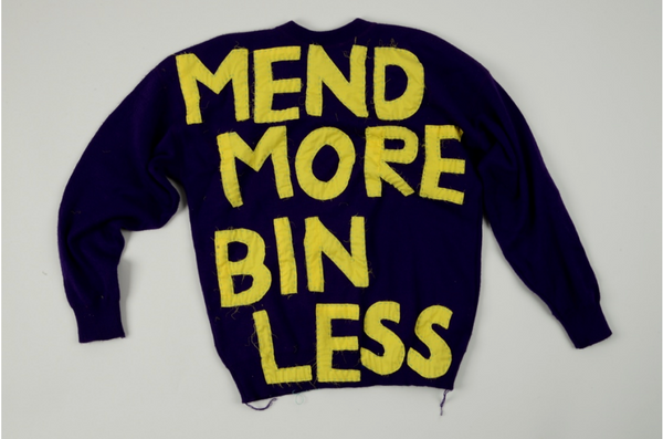  Dr. Bridget Harvey’s MEND MORE Jumper (2015), acrylic jumper, hand dyed cotton, thread for the 2015 Climate March. Acquired by the Victoria and Albert Museum, London. 