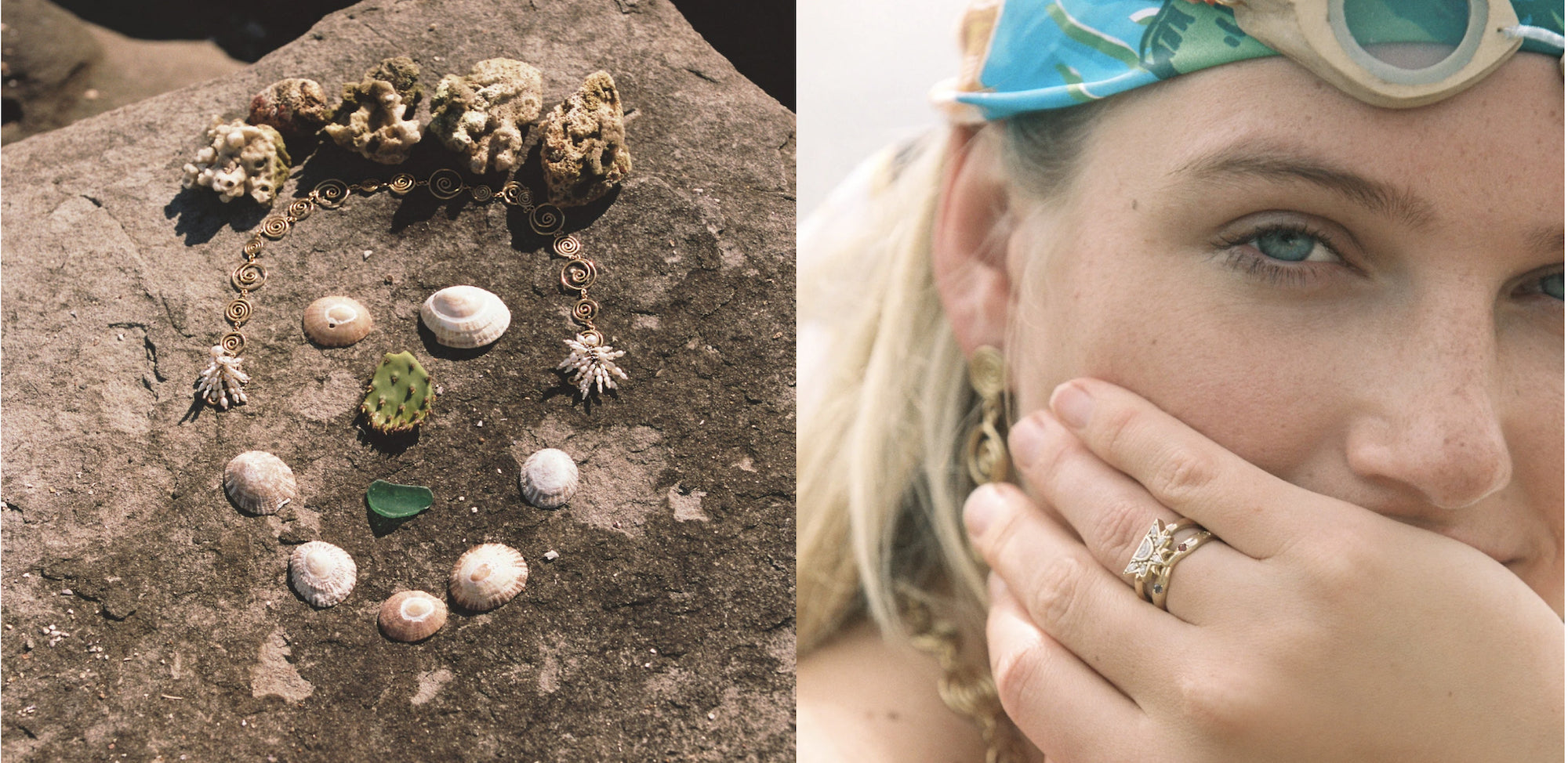 Smiley face on a rock made of shells and jewellery, and a model wears Holly Ryan rings and headscarf