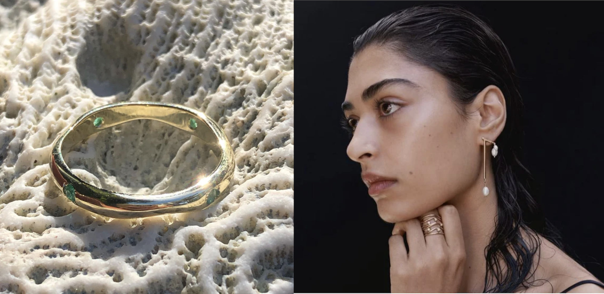 Gold ring with emeralds on a piece of coral, and gold earrings with pearls on a model