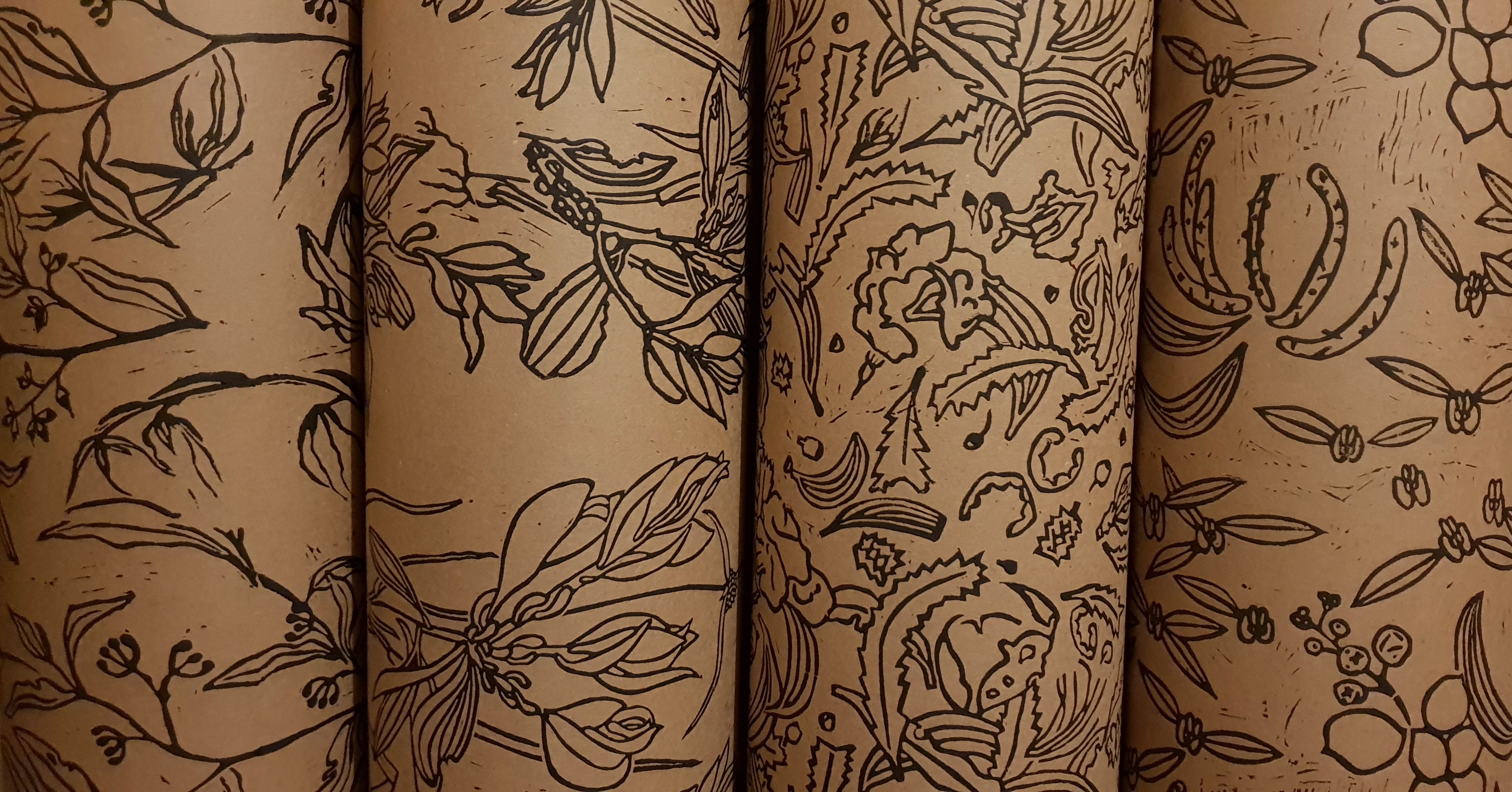 'Wildflowers' Lino Print Series, hand pressed lino patterns on brown card, 2019