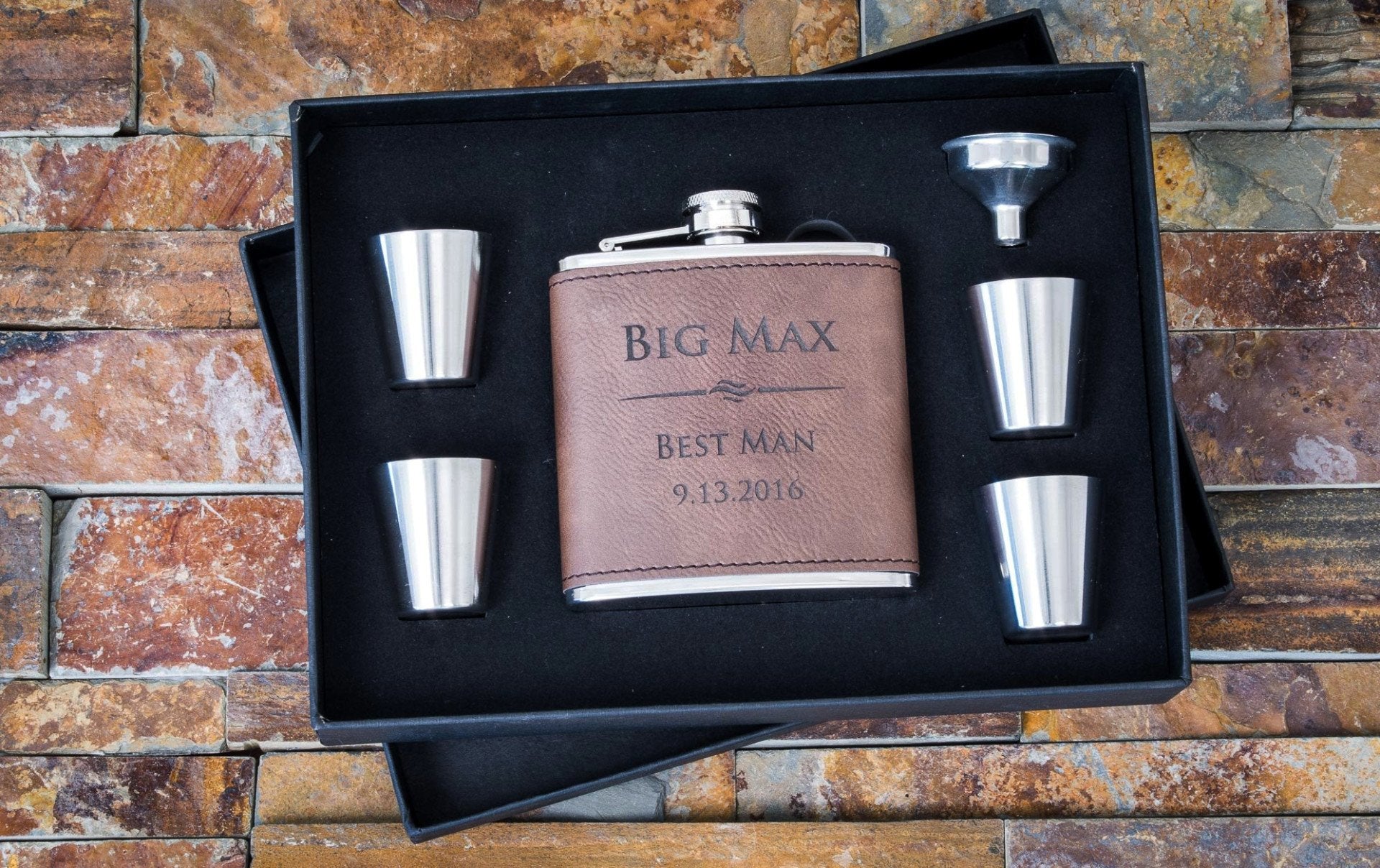 Custom End Dark Brown Faux Leather Flask Personalized Groomsmen Gifts 6pc Set The