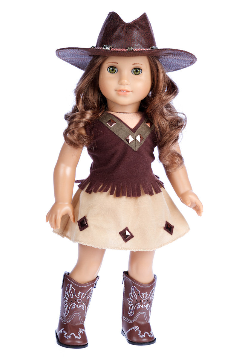 Cowgirl - Clothes for 18 inch Doll - 4 Piece Outfit - Cowgirl Hat, Skirt, Top and Cowgirl boots