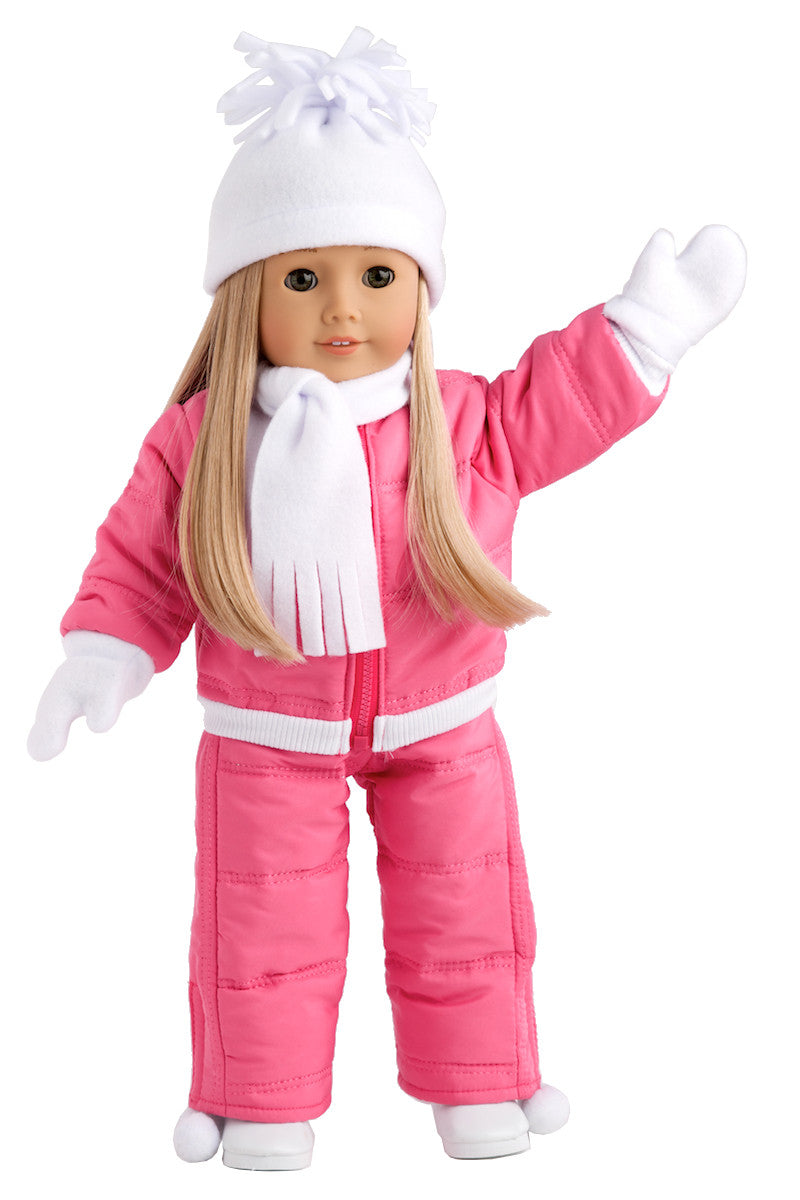 Let It Snow - Clothes for 18 inch Doll - 7 Piece Complete Snowsuit - Pink Snow Pants and Jacket, Whi