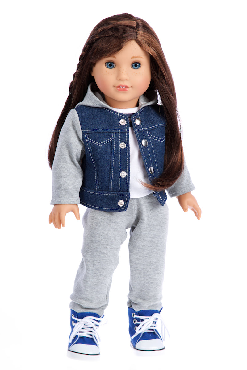 Tomboy - 4 Piece Doll Outfit - Jeans Jacket, Grey Sweatpants, T-