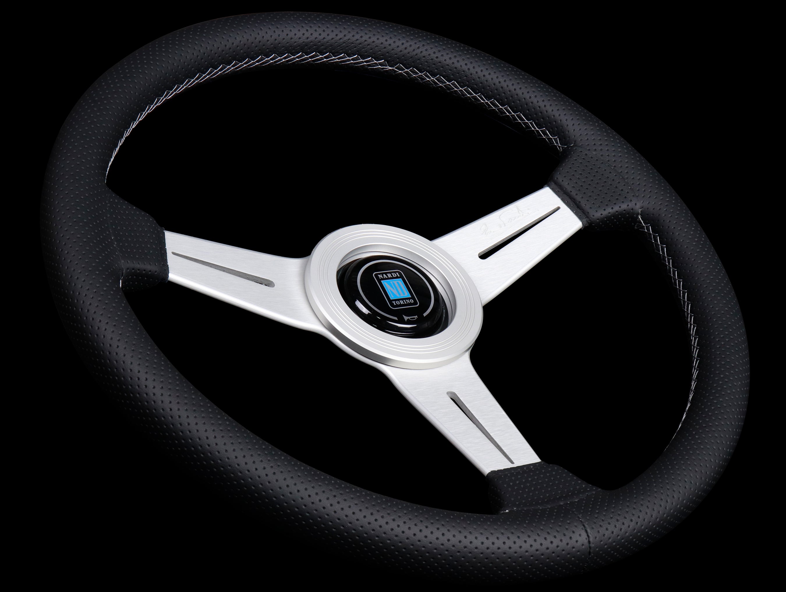 Nardi Classic 340mm Steering Wheel - Black Leather / Silver Spokes / Grey  Stitch