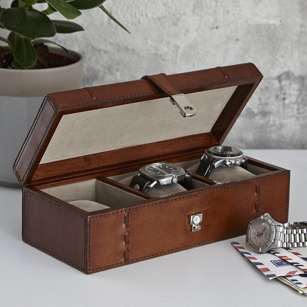 Leather Watch Box for up to three watches. Lid can be personalised.