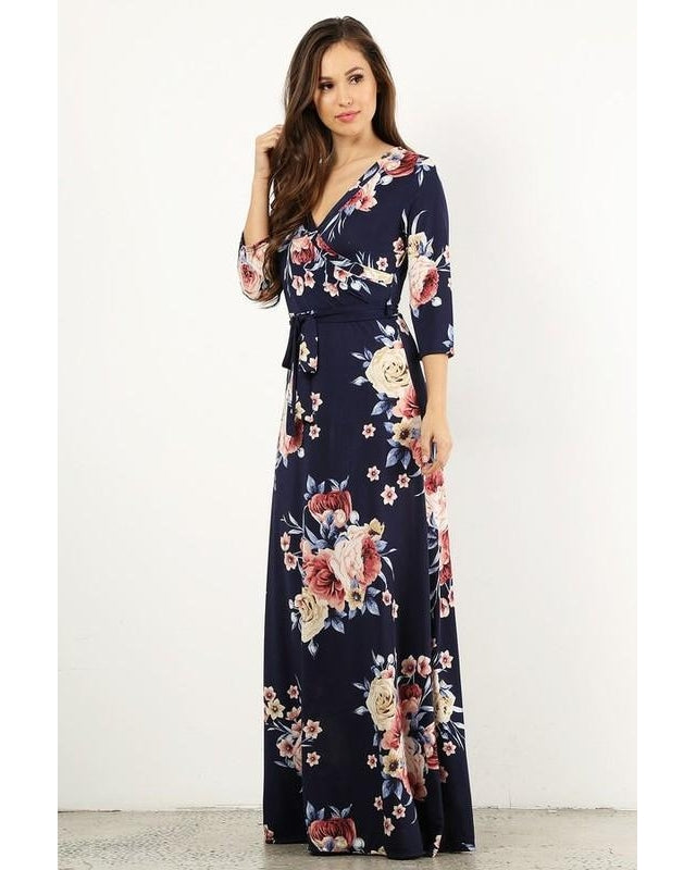 navy floral maxi wrap dress