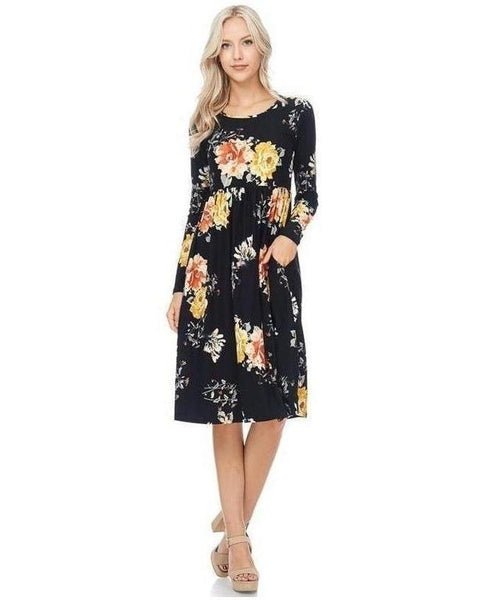 Ageless Bliss Floral Print Midi Dress with Long Sleeves and Pockets in ...