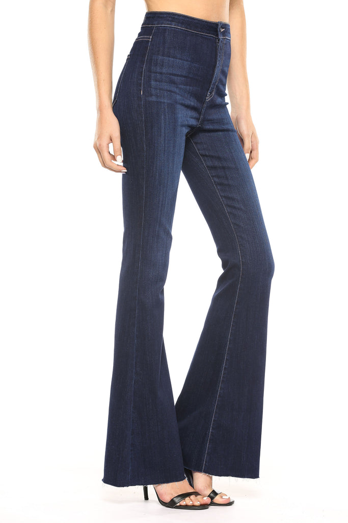 high rise dark wash flare jeans