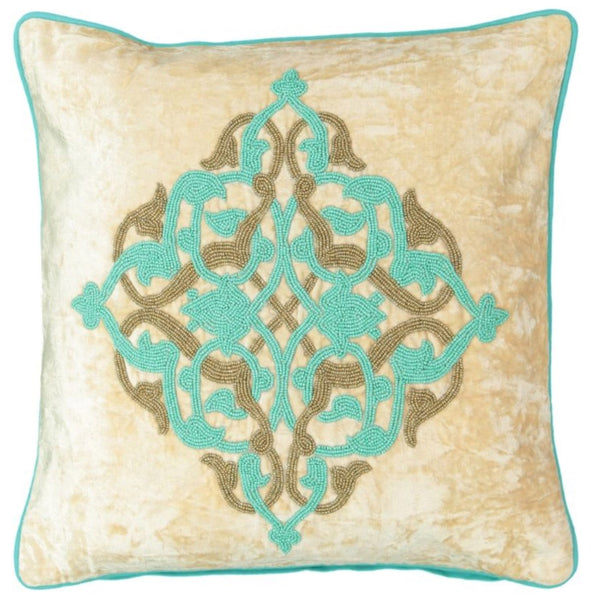 Cotton Medallion Embroidery Velvet Decorative Pillow, Aqua Collection