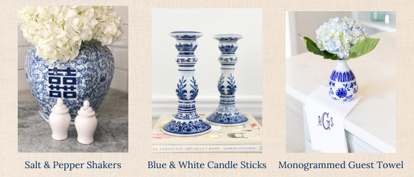 Gifts for the Home Decor Enthusiast- ginger jar salt and pepper shakers, blue and white chinoiserie candlesticks and a monogrammed linen guest towel