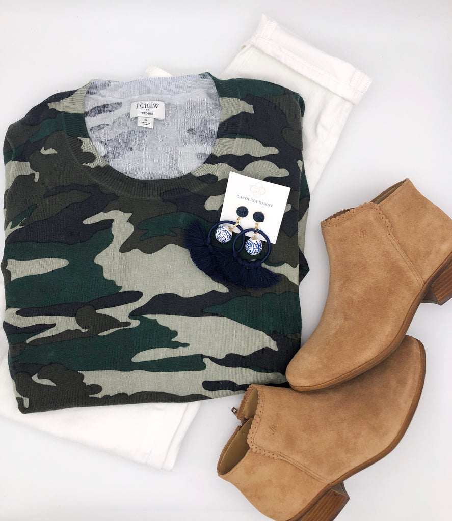 Preppy Fall Outfit with Ginger Jar Earrings, JCrew Camo Teddie Sweater, and Jack Roger Booties