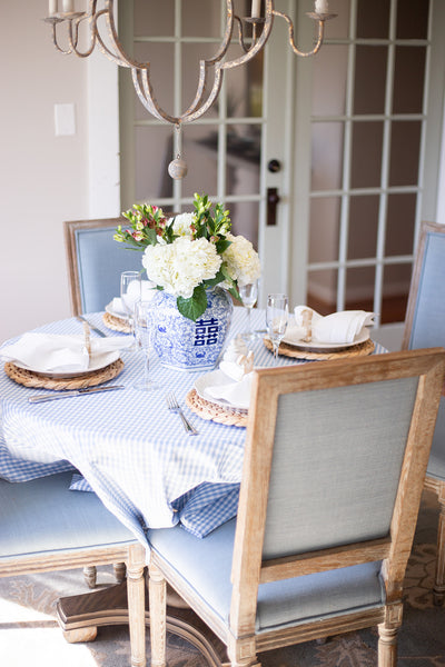 Grandmillennial Spring Tablescape- French Blue gingham table cloth with ginger jar centerpiece