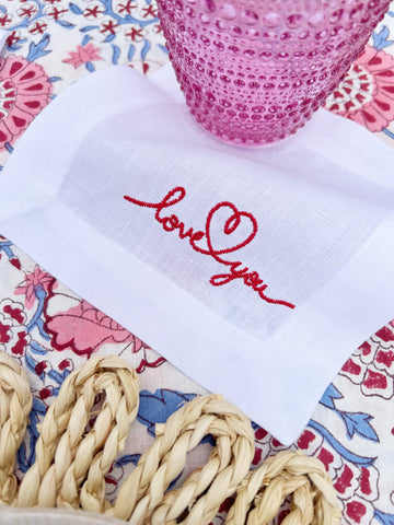 love you embroidered linen cocktail napkin set