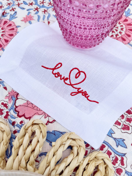 Love you Embroidered Linen Cocktail Napkin for Valentine's Galentine's Day Brunch table top decor