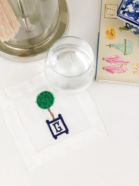 Monogrammed Topiary Linen Cocktail Napkin