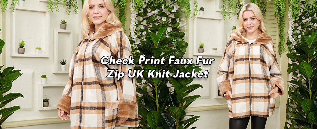Check Print Faux Fur Zip UK Knit Jacket