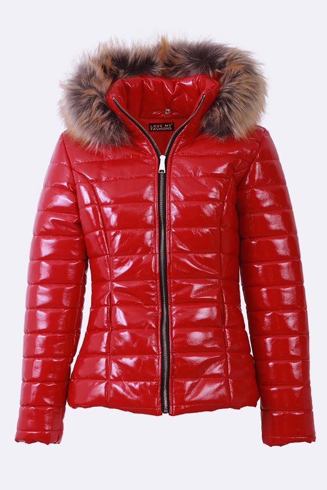 womens red padded jacket with fur hood