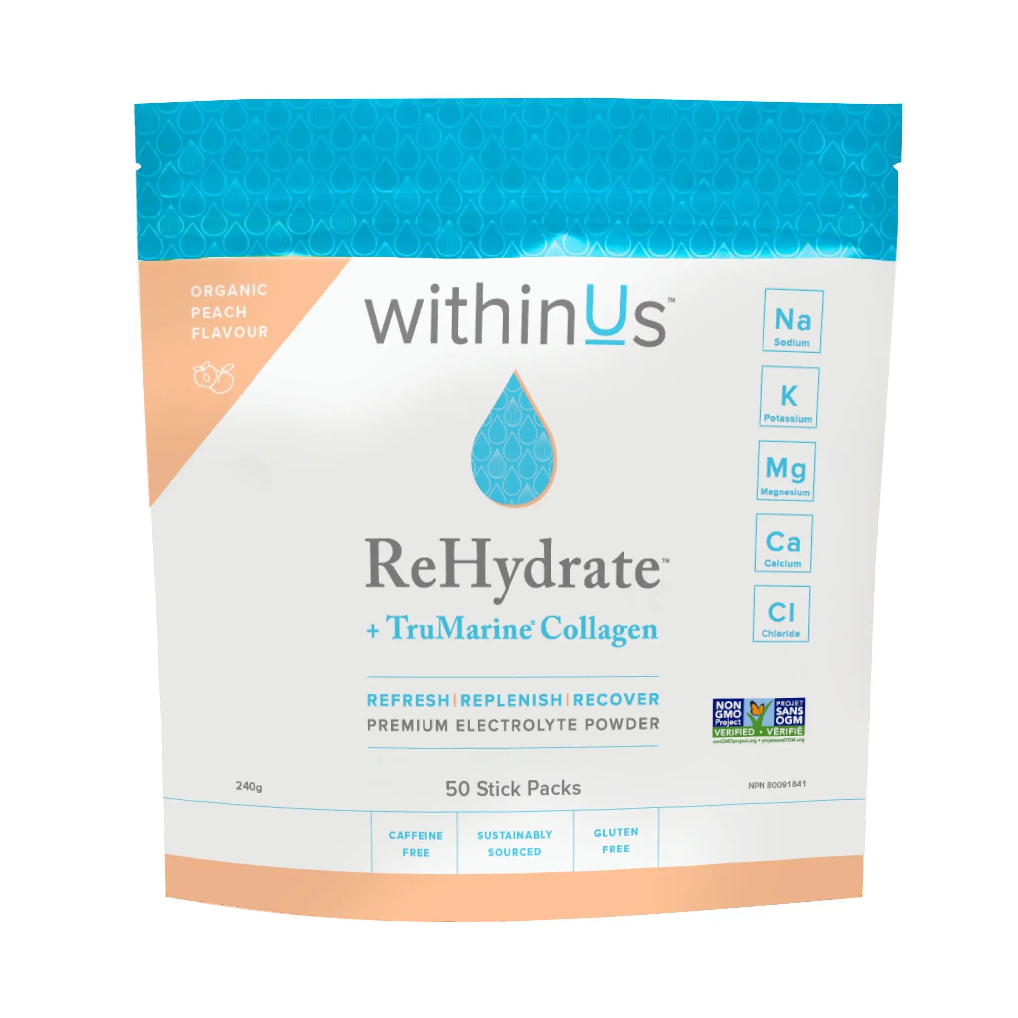 ReHydrate + TruMarine® Collagen PEACH - 50 Stick Packs - withinUs Natural Health product image